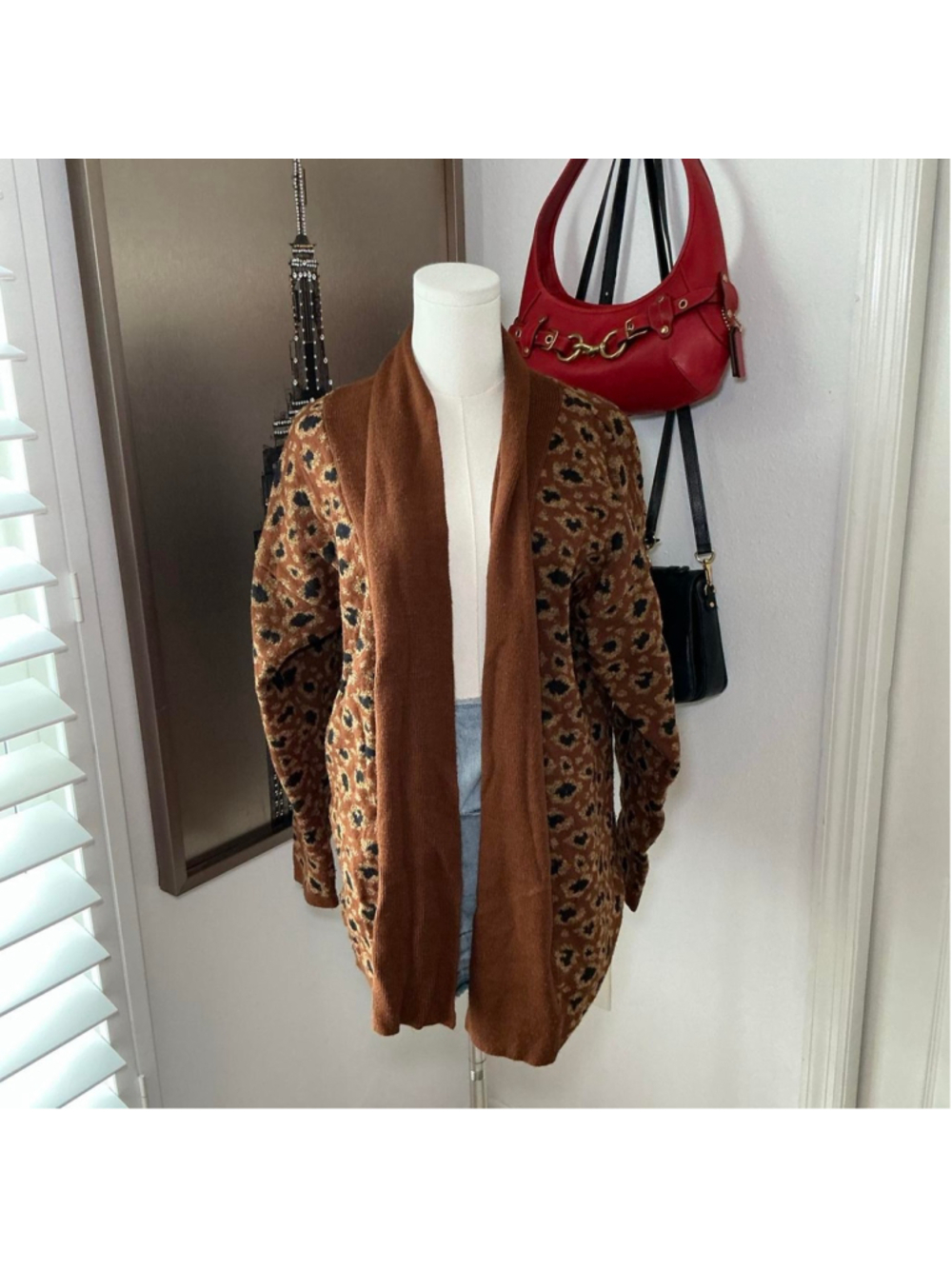 Pappagallo Leopard Print Open Front Cardigan Sweater Brown Medium